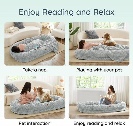 Oversized dog bed with soft fabric, designed for large pets.