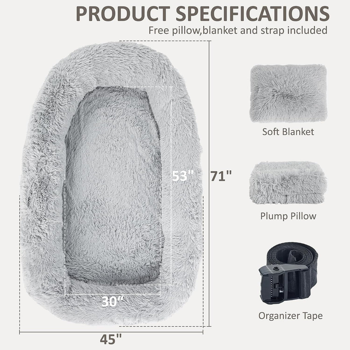 71" Human Dog Bed for Adult, Giant Orthopedic Memory Foam Dog Sofa Bed, Large Oversize Washable Faux Fur Pet Couch with Plump Pillow, Blanket, Strap - Light Grey