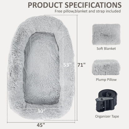 71" Human Dog Bed for Adult, Giant Orthopedic Memory Foam Dog Sofa Bed, Large Oversize Washable Faux Fur Pet Couch with Plump Pillow, Blanket, Strap - Light Grey
