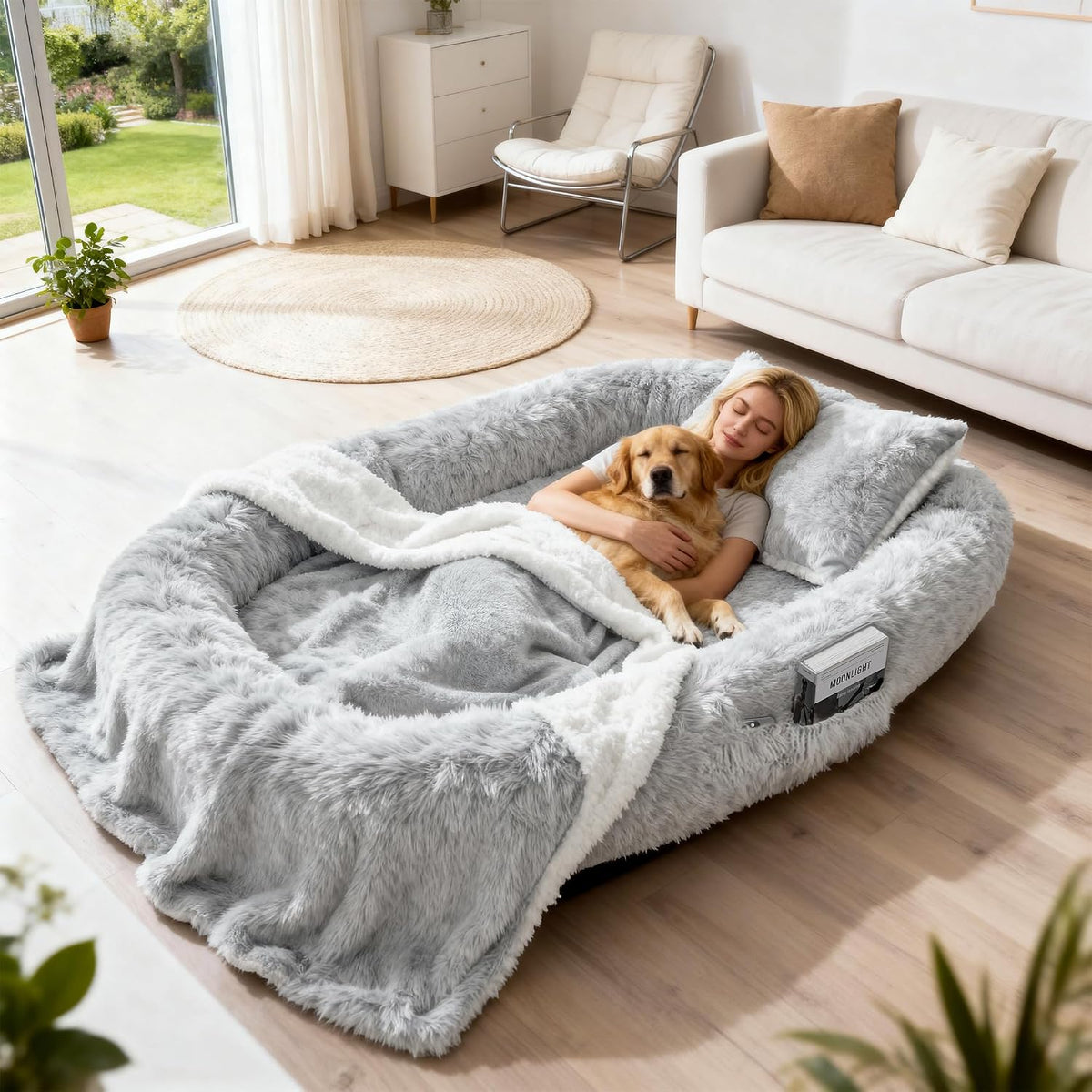 71" Human Dog Bed for Adult, Giant Orthopedic Memory Foam Dog Sofa Bed, Large Oversize Washable Faux Fur Pet Couch with Plump Pillow, Blanket, Strap - Light Grey