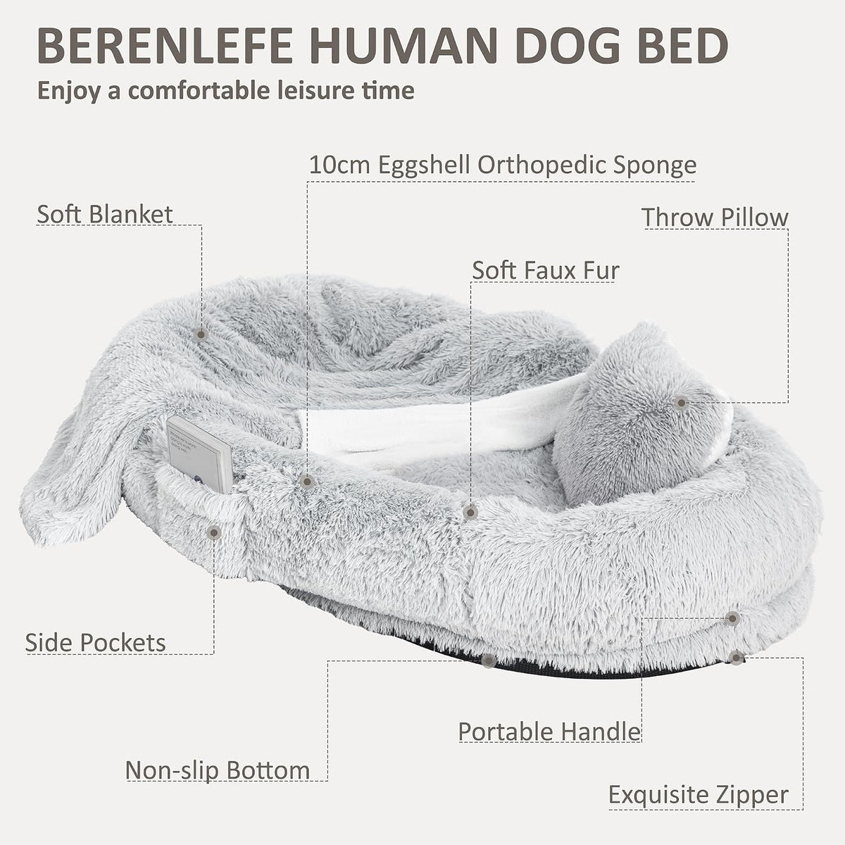 71" Human Dog Bed for Adult, Giant Orthopedic Memory Foam Dog Sofa Bed, Large Oversize Washable Faux Fur Pet Couch with Plump Pillow, Blanket, Strap - Light Grey