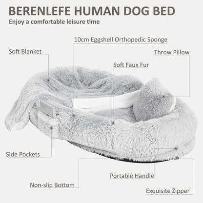 71" Human Dog Bed for Adult, Giant Orthopedic Memory Foam Dog Sofa Bed, Large Oversize Washable Faux Fur Pet Couch with Plump Pillow, Blanket, Strap - Light Grey