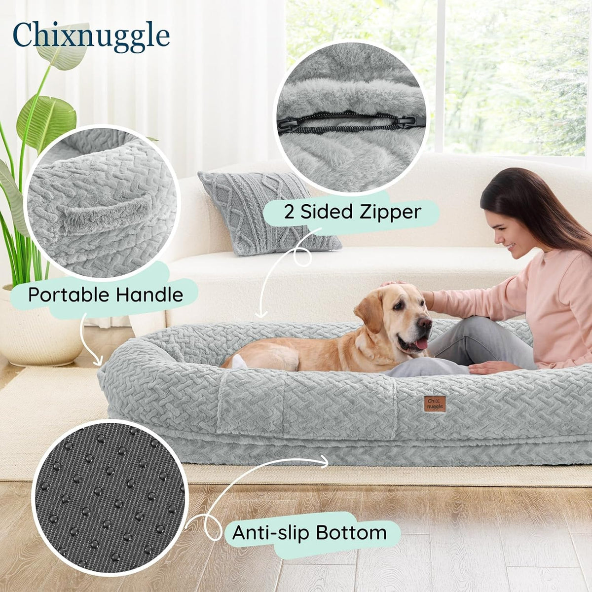 Comfortable oversized dog bed with soft fabric and high walls.
