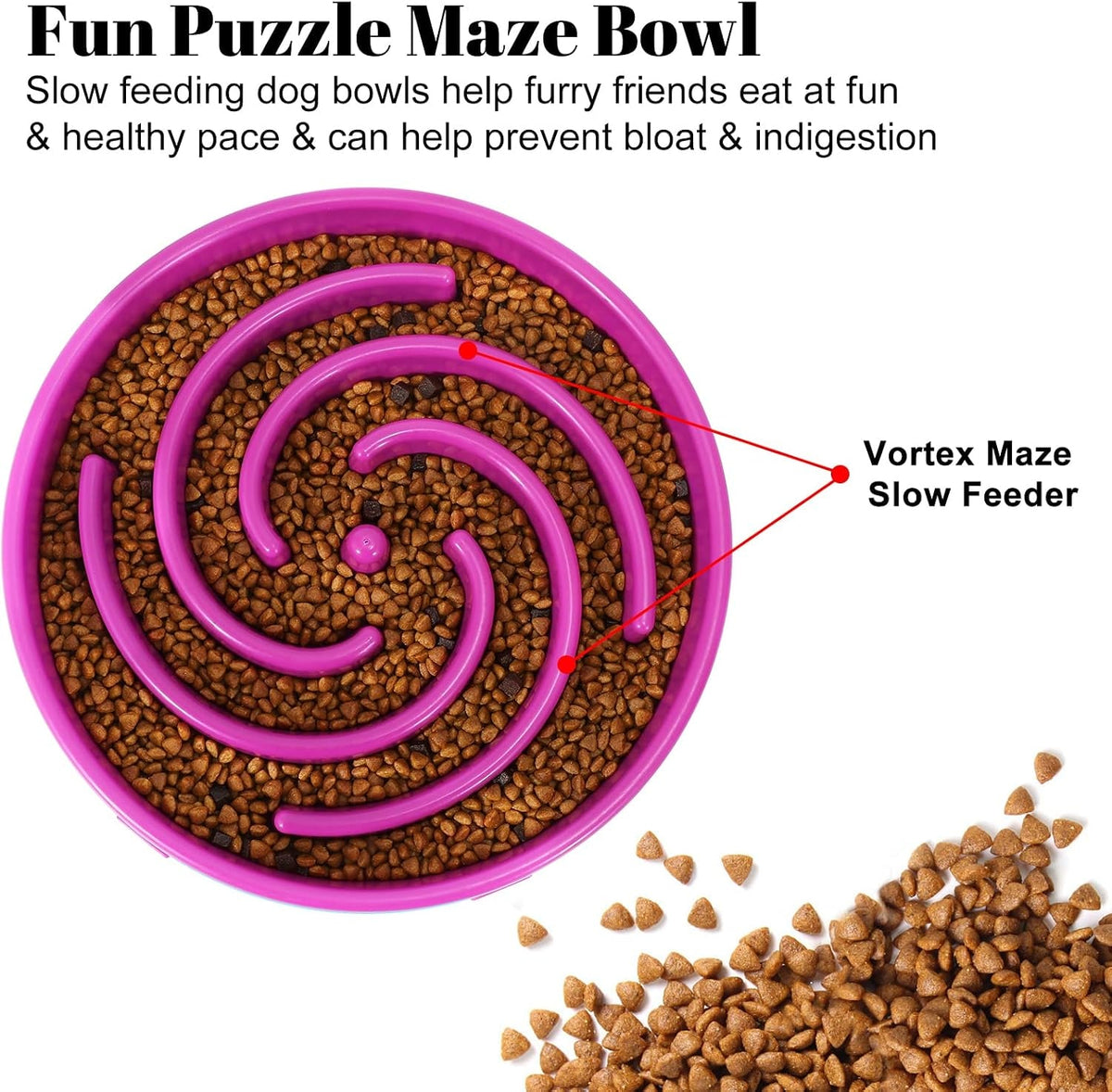 Close up of a purple slow feeder maze bowl filled with kibble.