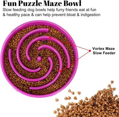 Close up of a purple slow feeder maze bowl filled with kibble.
