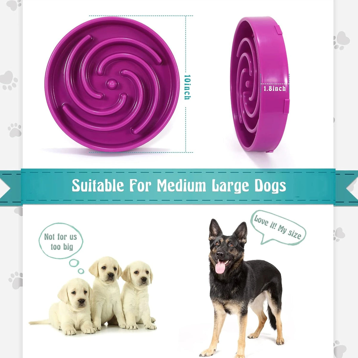 Dimensions and suitability of a purple slow feeder bowl.