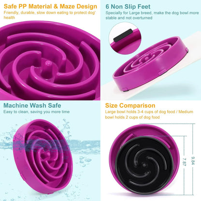 Purple slow feeder dog bowl with anti-slip feet for stability.
