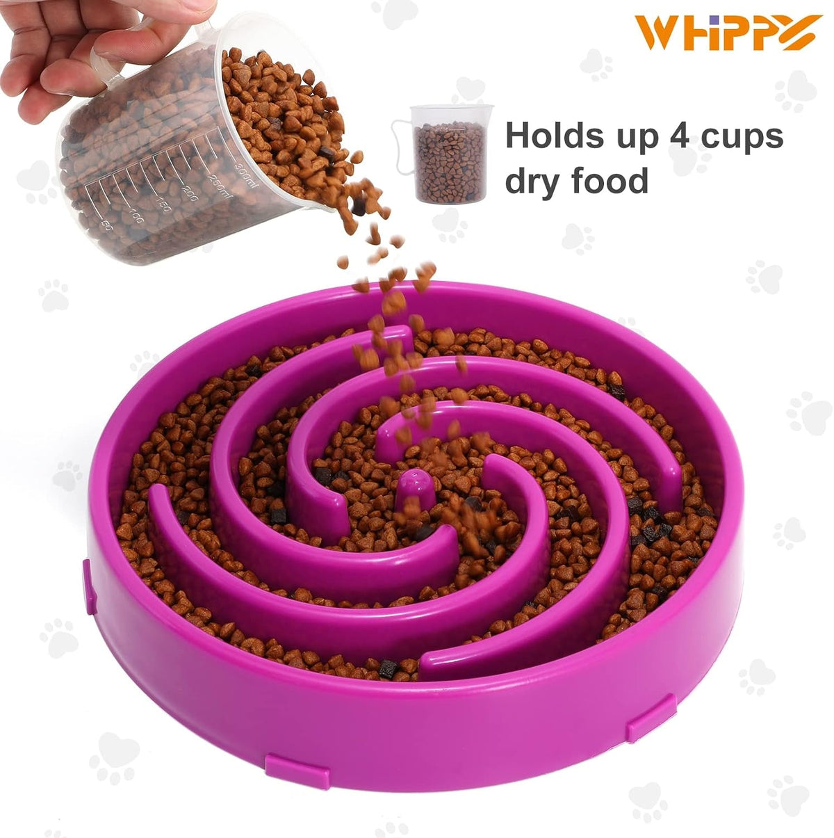 Filling a purple slow feeder bowl with dry dog food.