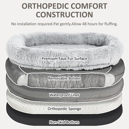 71" Human Dog Bed for Adult, Giant Orthopedic Memory Foam Dog Sofa Bed, Large Oversize Washable Faux Fur Pet Couch with Plump Pillow, Blanket, Strap - Light Grey