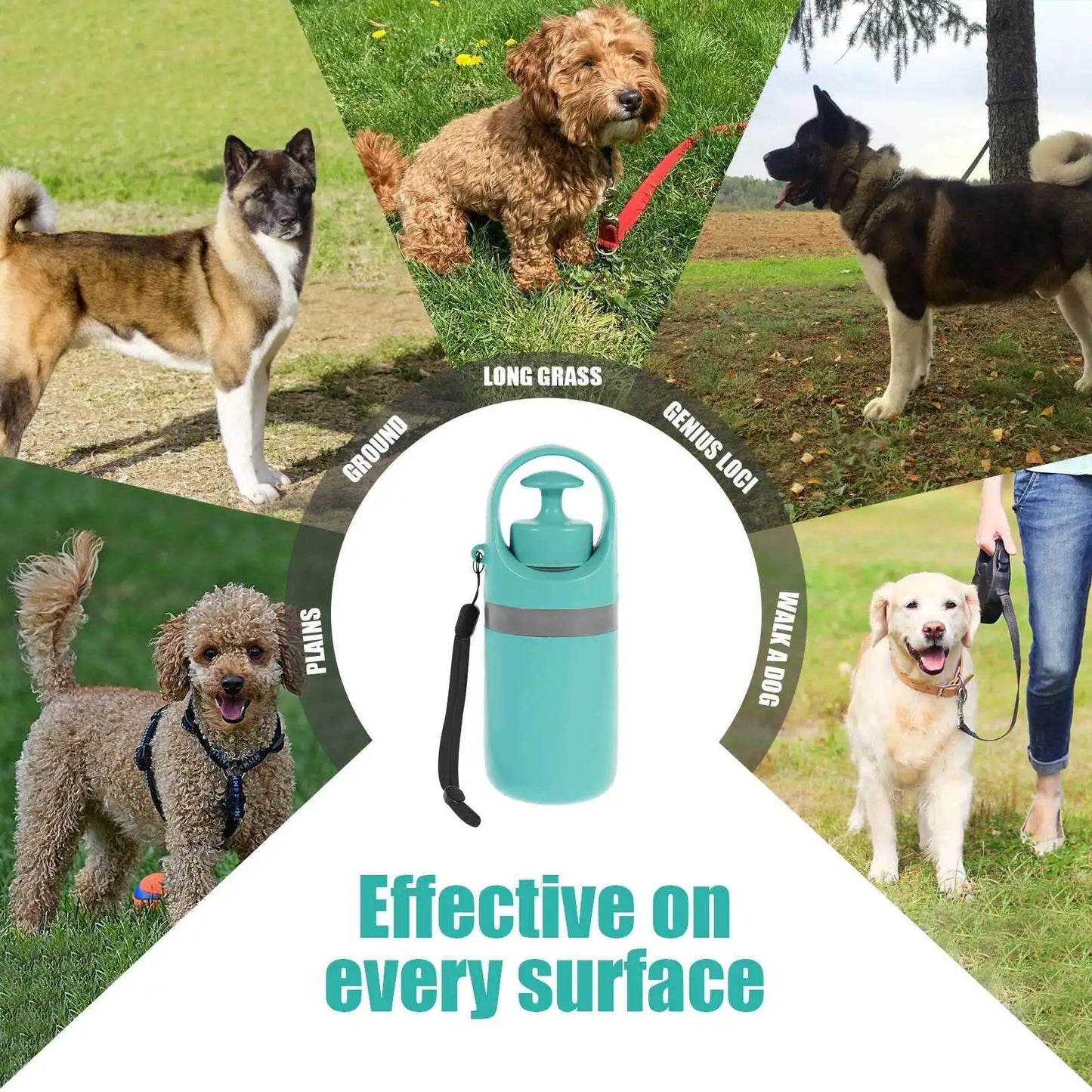 Handheld dog poop scooper and bag dispenser.
