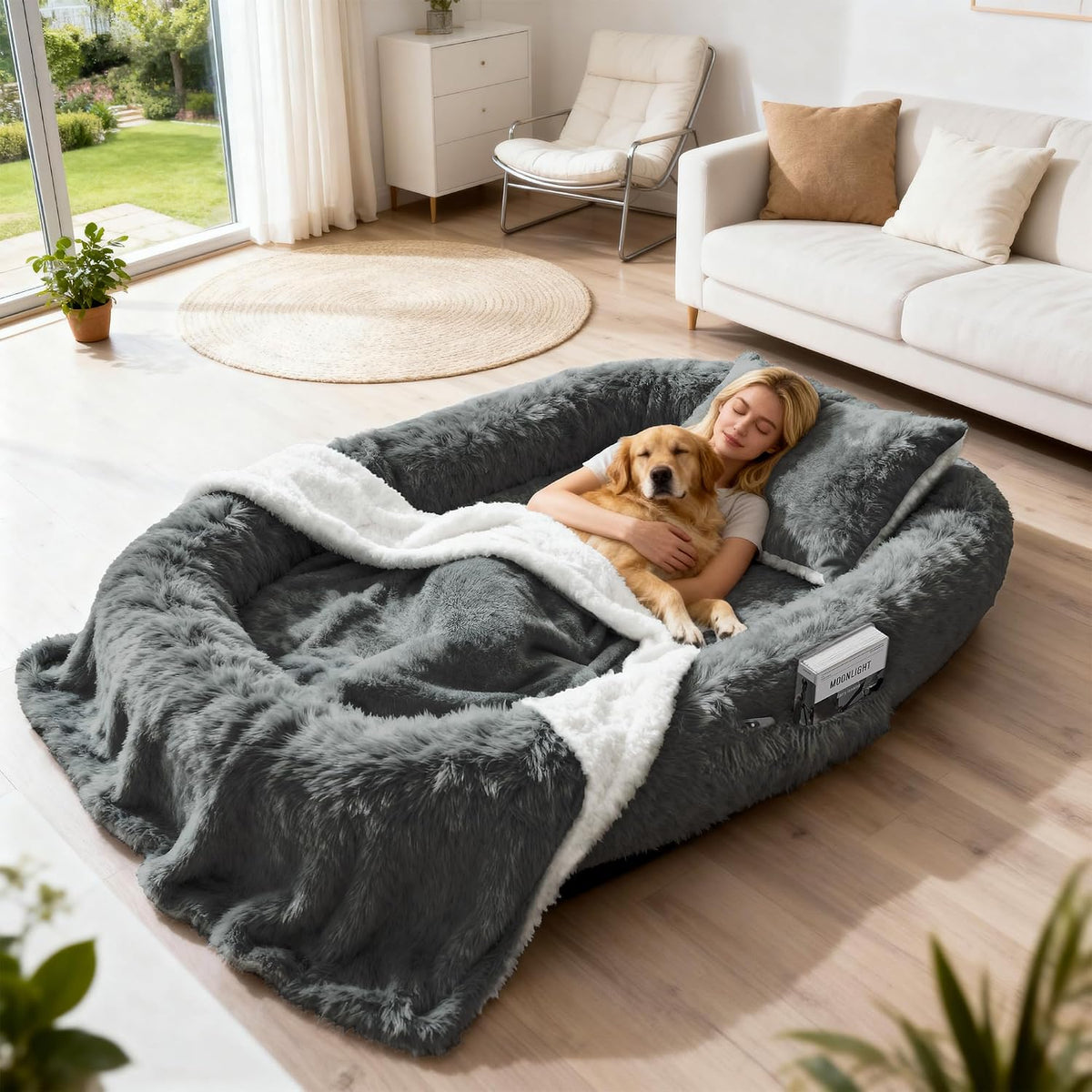 71" Human Dog Bed for Adult, Giant Orthopedic Memory Foam Dog Sofa Bed, Large Oversize Washable Faux Fur Pet Couch with Plump Pillow, Blanket, Strap - Light Grey