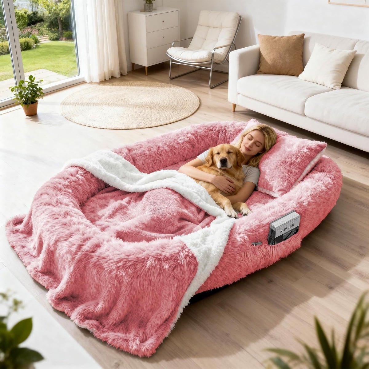 71" Human Dog Bed for Adult, Giant Orthopedic Memory Foam Dog Sofa Bed, Large Oversize Washable Faux Fur Pet Couch with Plump Pillow, Blanket, Strap - Light Grey