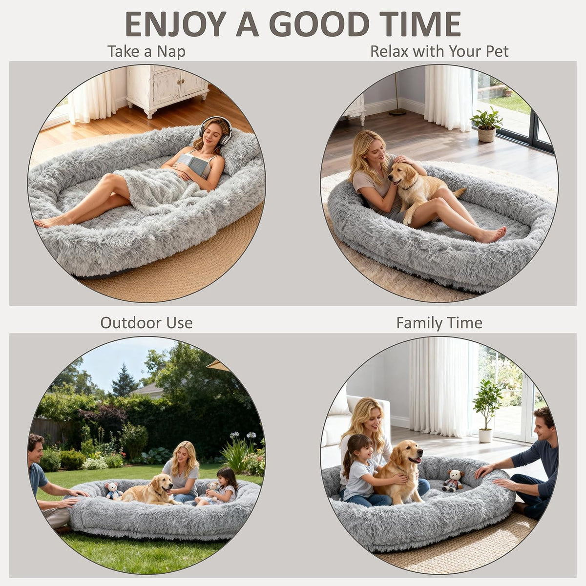 71" Human Dog Bed for Adult, Giant Orthopedic Memory Foam Dog Sofa Bed, Large Oversize Washable Faux Fur Pet Couch with Plump Pillow, Blanket, Strap - Light Grey