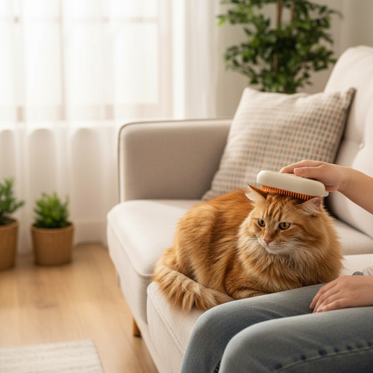 Person grooming a fluffy cat with an orange and beige electric steam brush on a couch