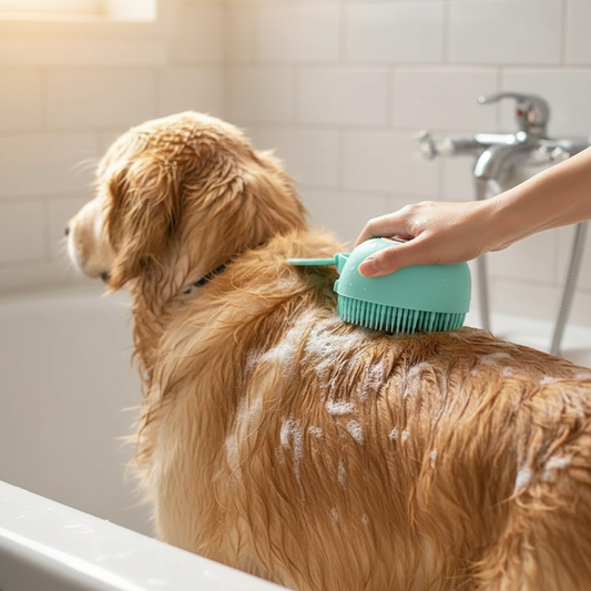 Person using mint green silicone bath massage brush on a golden retriever in a bathtub